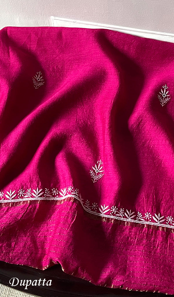 Women's Lakhnavi Handcrafted Munga Silk Chikankari Kurta And Dupatta Set- HONC0275144