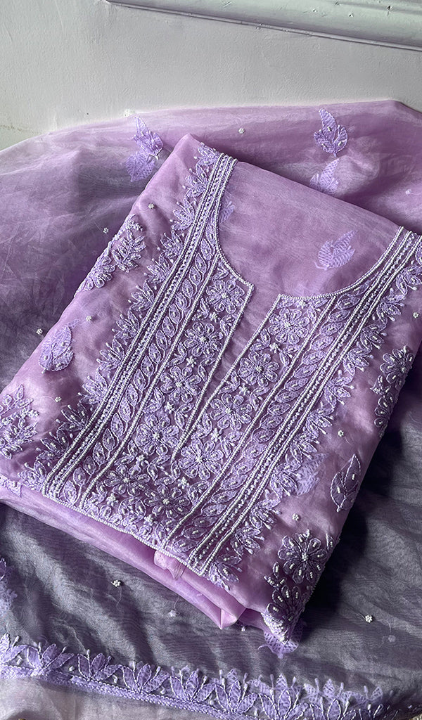 Women's Lakhnavi Handcrafted Organza Chikankari Unstitched Full Suit Material - HONC0271209