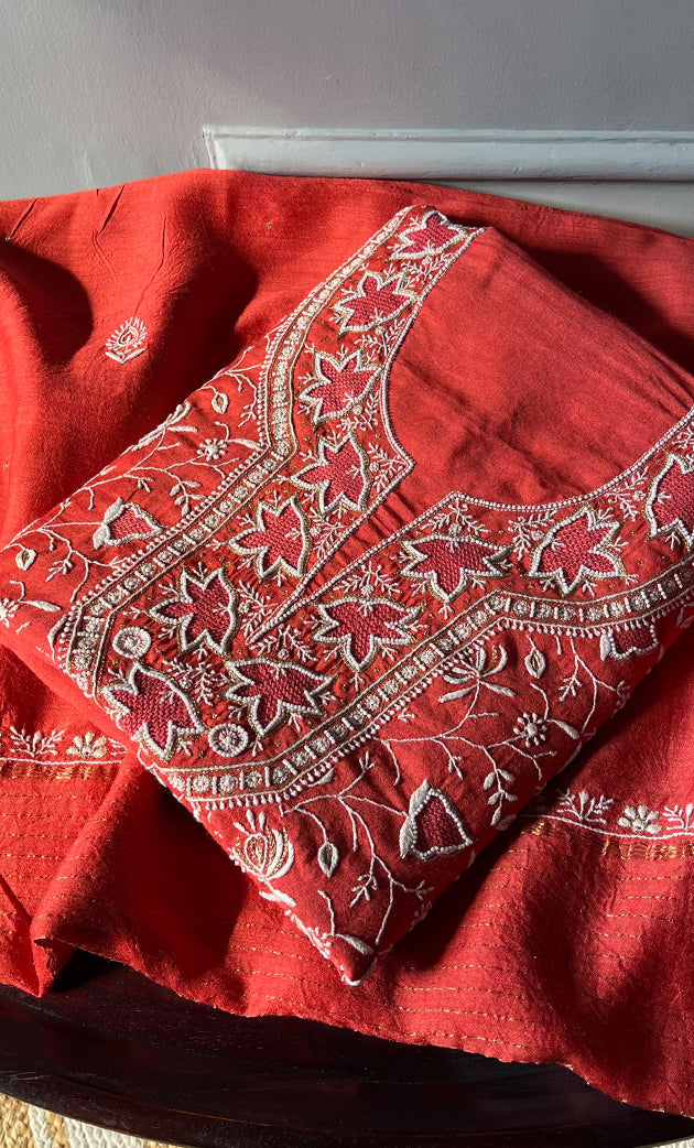 Women's Lakhnavi Handcrafted Munga Silk Chikankari Kurta And Dupatta Set- HONC0278881