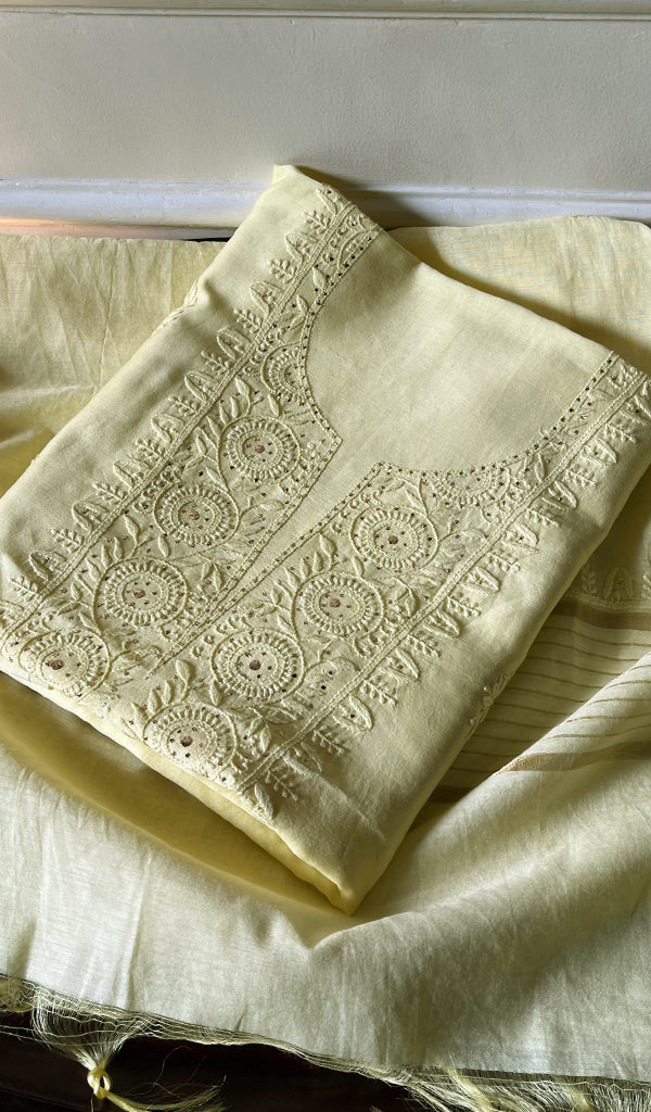 Women's Lakhnavi Handcrafted Mul Chanderi Chikankari Full Suit Material - HONC0282295