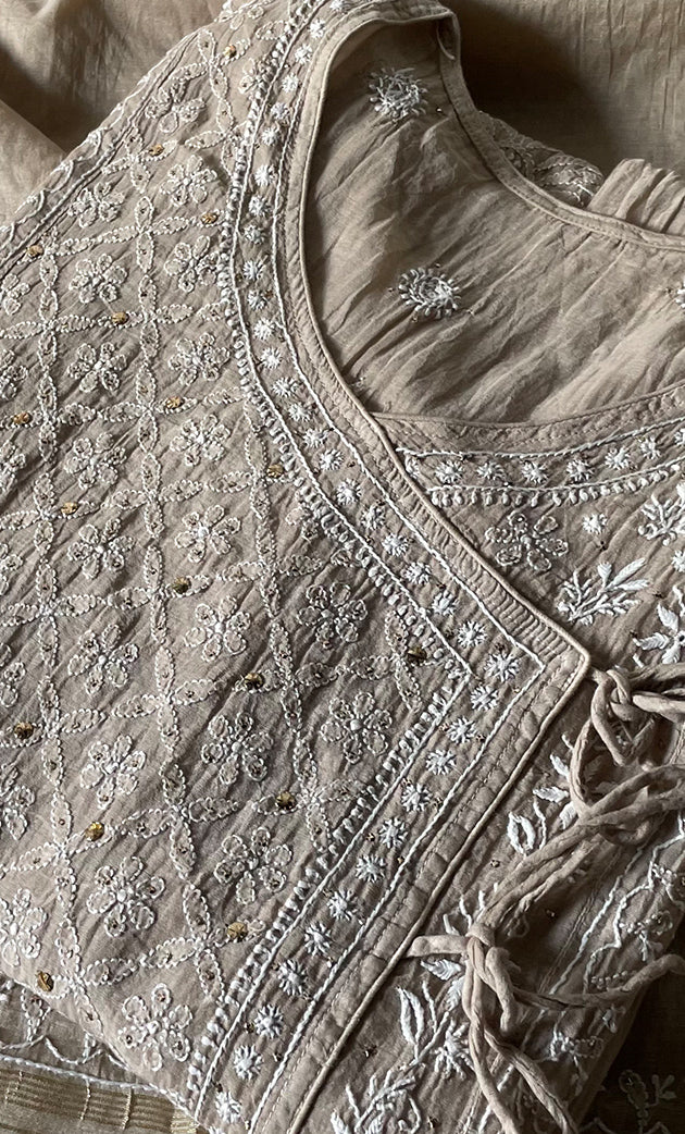 Women's Lakhnavi Handcrafted Mul Chanderi Semi - Stitched Angrakha And Dupatta Set - HONC0286658