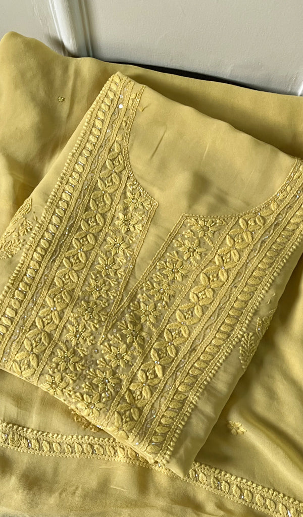 Women's Lakhnavi Handcrafted Viscose Georgette Chikankari Full Suit Material - HONC0269045