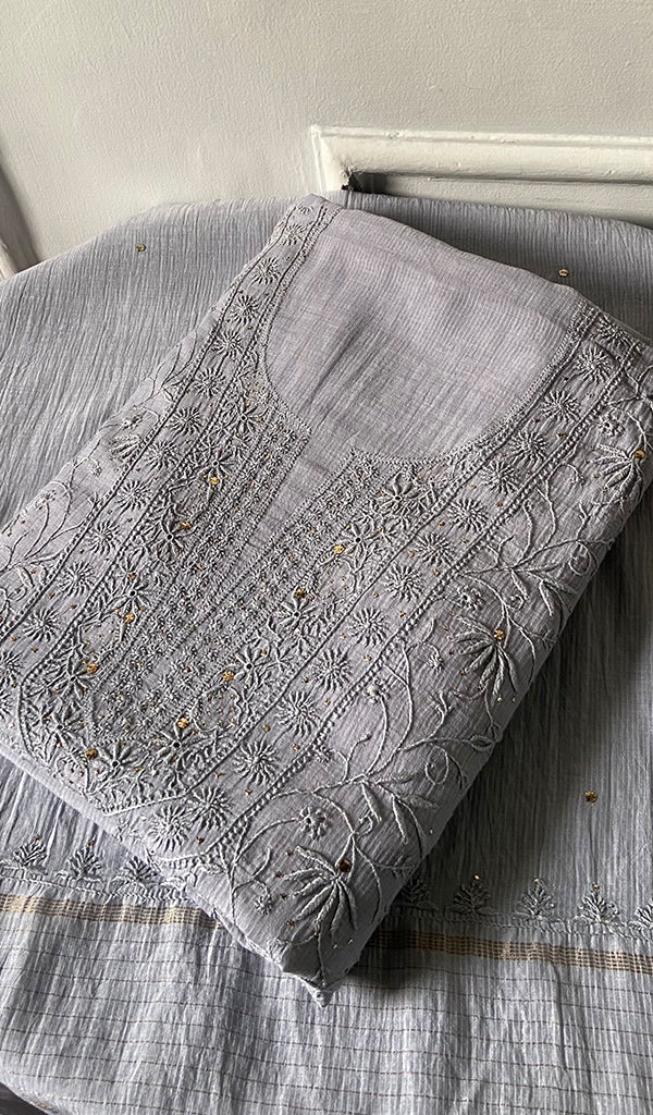 Women's Lakhnavi Handcrafted Maheshwari Mul Chanderi Unstitched Chikankari Full Suit Material - HONC0276232