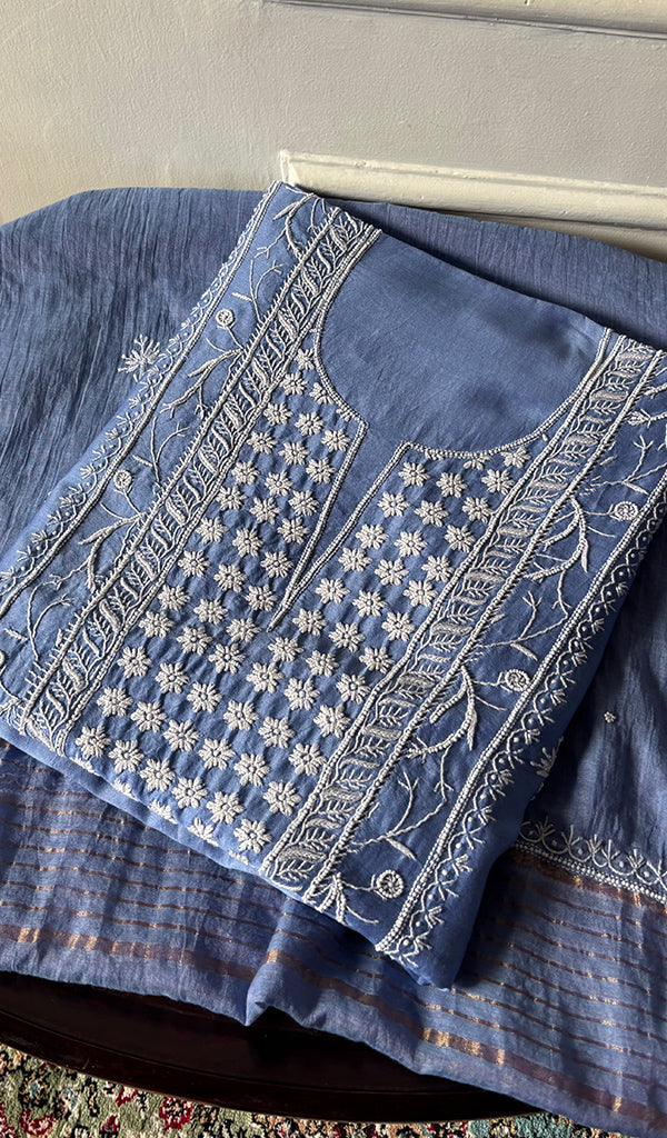 Women's Lucknowi Handcrafted Chanderi Silk Unstitched  Chikankari Full Suit Material - HONC0334684