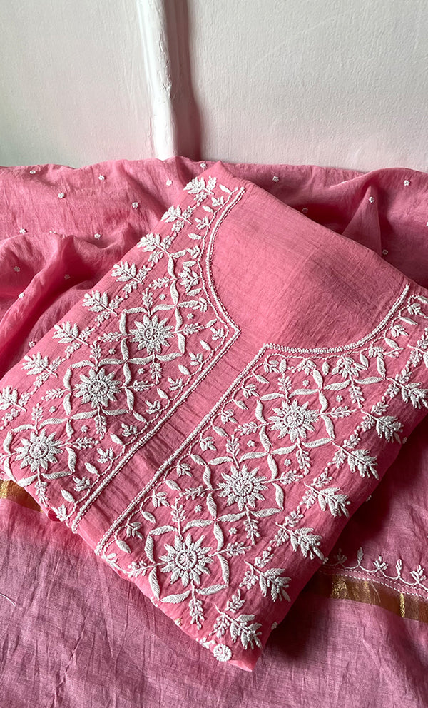 Jazba Women's Lakhnavi Handcrafted Mul Chanderi Unstitched Kurta And Dupatta Set- HONC0319683