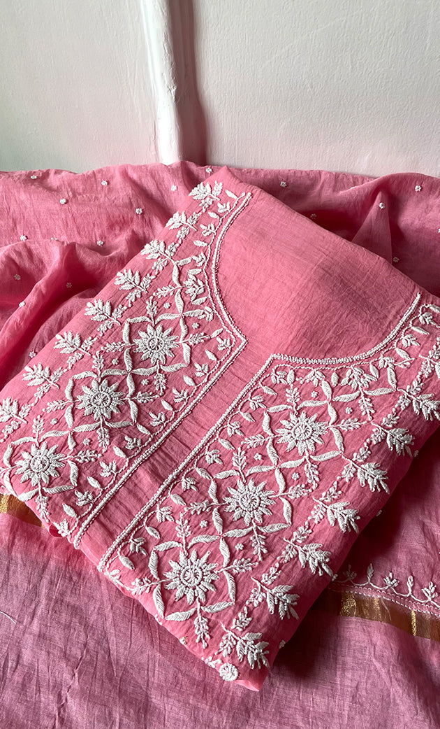 Jazba Women's Lakhnavi Handcrafted Mul Chanderi Unstitched Kurta And Dupatta Set- HONC0319683