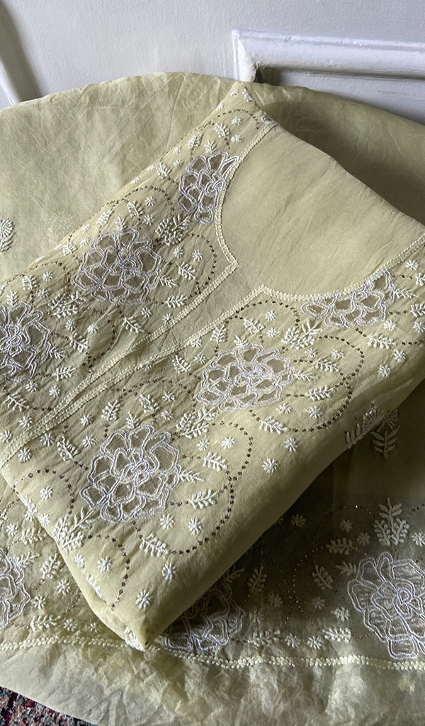 Women's Lakhnavi Handcrafted Pure Organza Chikankari Unstitched Kurta And Dupatta Set- HONC0331155