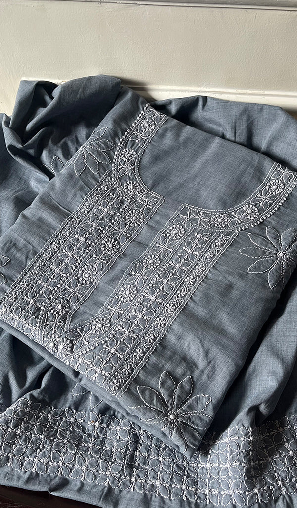 Women's Lakhnavi Handcrafted Unstitched Cotton Chikankari Suit Material - HONC0275046