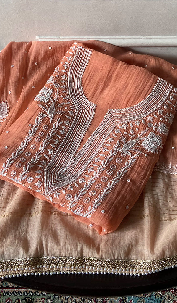 Orange Mul Chanderi Chikankari 2 Pc Unstitched Suit Set