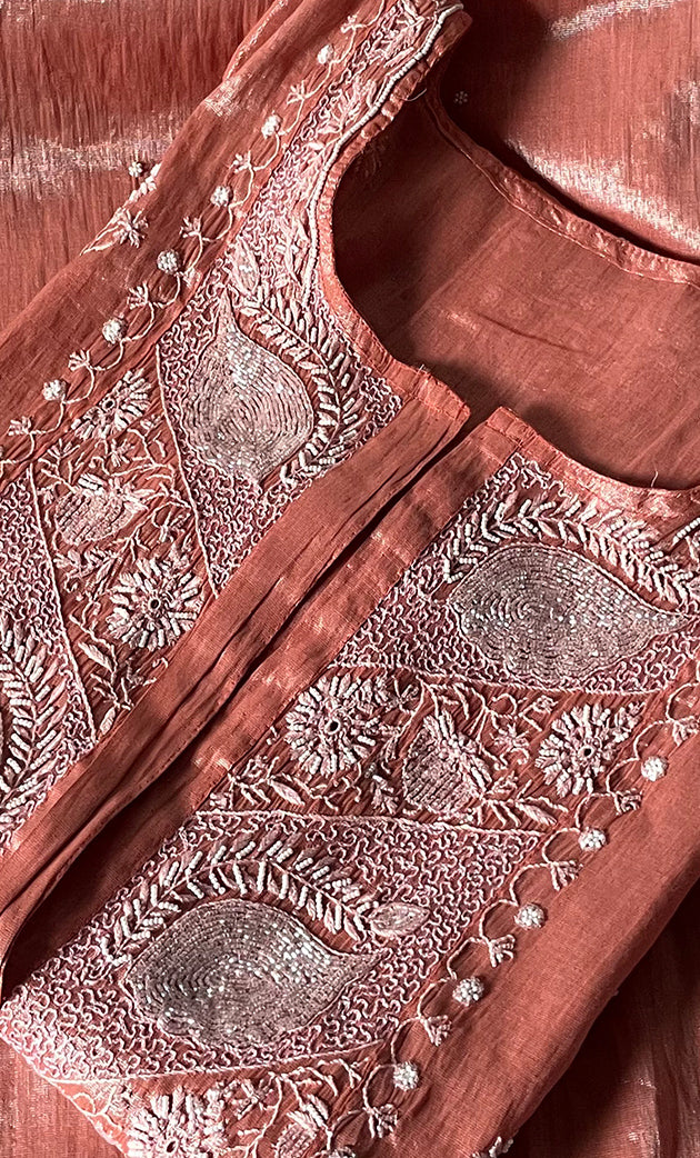 Women's Lakhnavi Handcrafted Tissue Chanderi Semi-Stitched Anarkali And Dupatta Set - HONC0323638