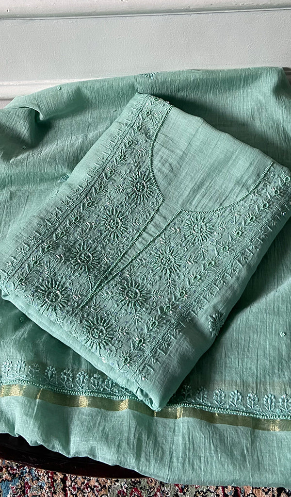 Women's Lakhnavi Handcrafted Mul Chanderi Unstitched Chikankari Full Suit Material - HONC0345050