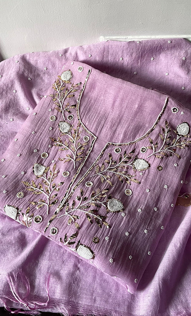 Women's Lakhnavi Handcrafted Mul Chanderi Unstitched Chikankari Full Suit Material - HONC0311945