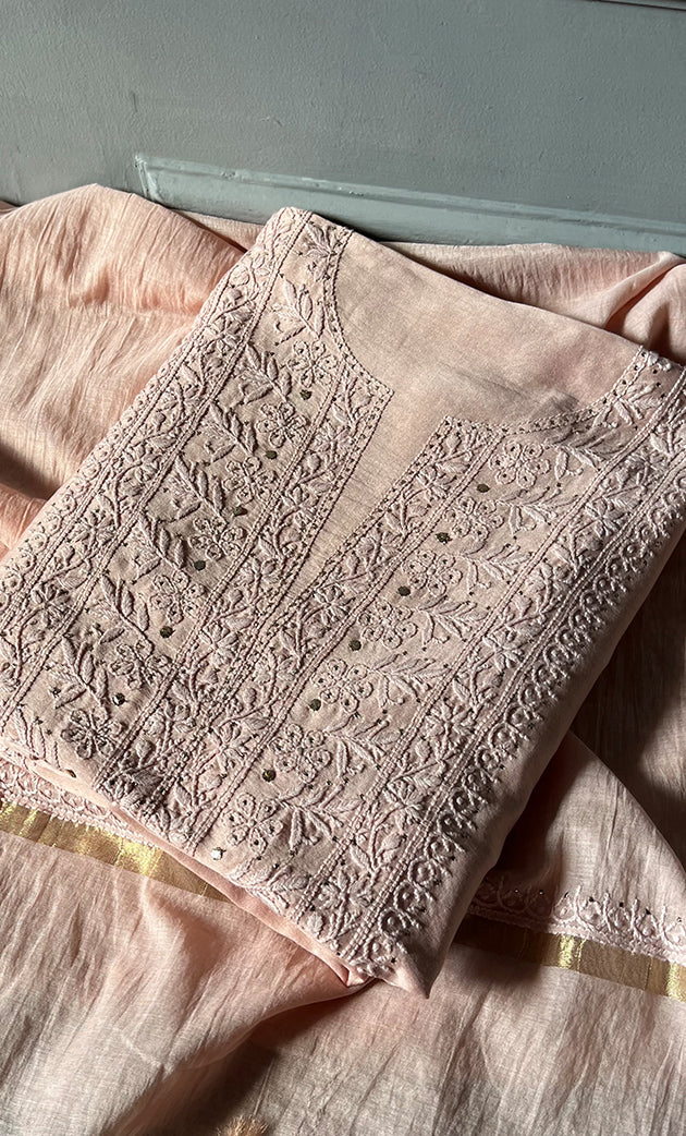 Women's Lucknowi Handcrafted Chanderi Silk Unstitched Chikankari Full Suit Material - HONC0287068