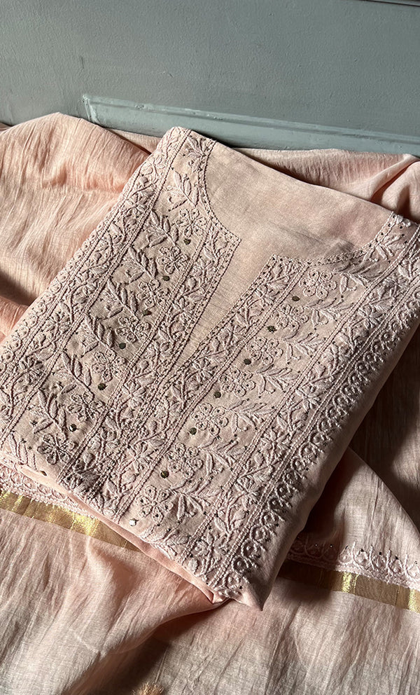 Women's Lucknowi Handcrafted Chanderi Silk Unstitched Chikankari Full Suit Material - HONC0287068