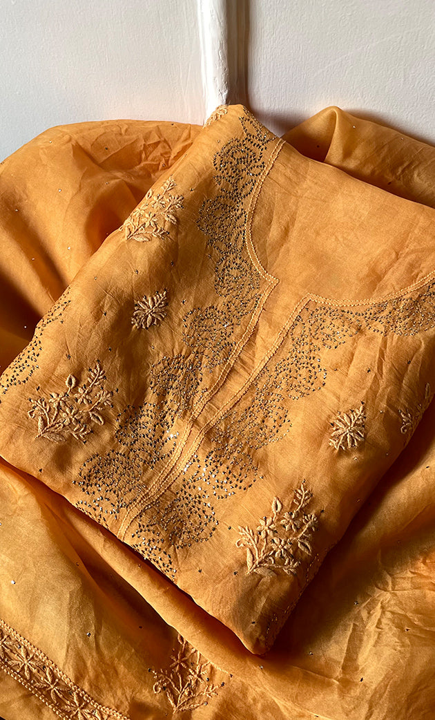 Women's Lakhnavi Handcrafted Pure Organza Chikankari Unstitched Kurta And Dupatta Set- HONC0304149