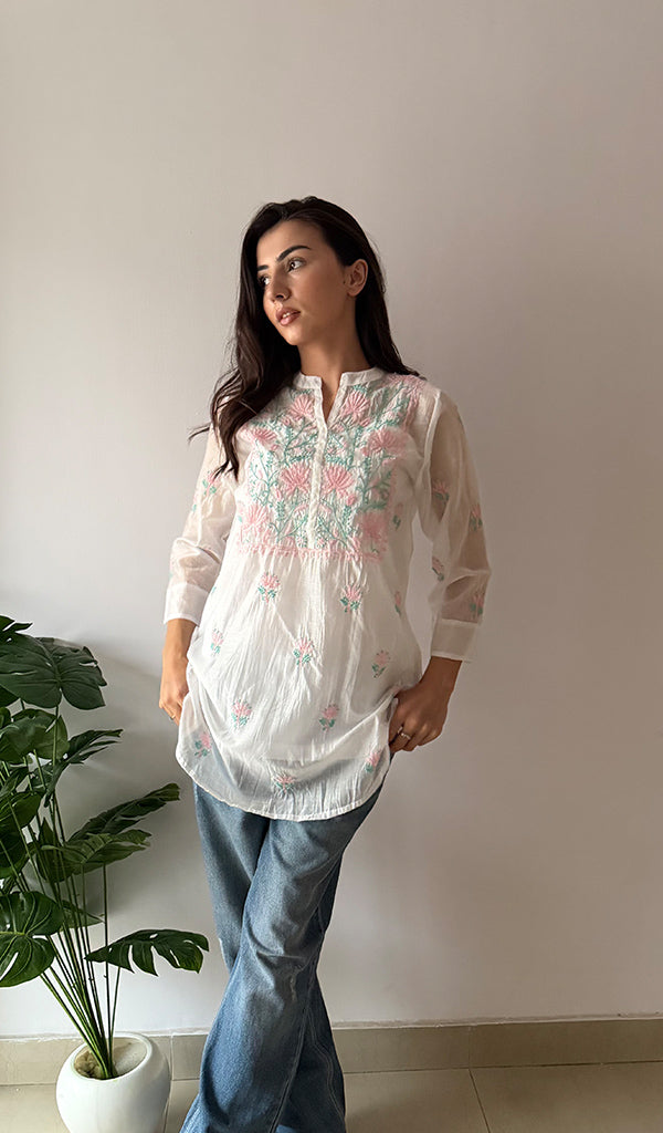 Sophia Women's Lakhnavi Handcrafted Mul Chanderi Chikankari Top - HONC0372702