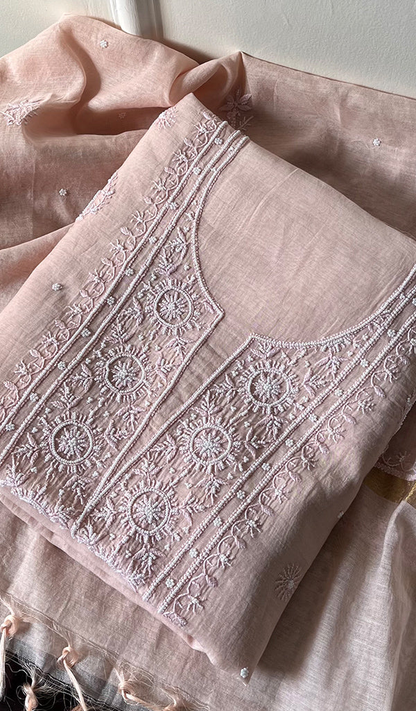 Women's Lakhnavi Handcrafted Mul Chanderi Chikankari Full Suit Material - HONC0279291