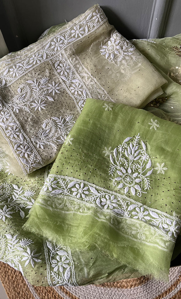 Women's Lakhnavi Handcrafted Bridal Pure Organza Silk  Chikankari Lehenga Set - HONC0294021