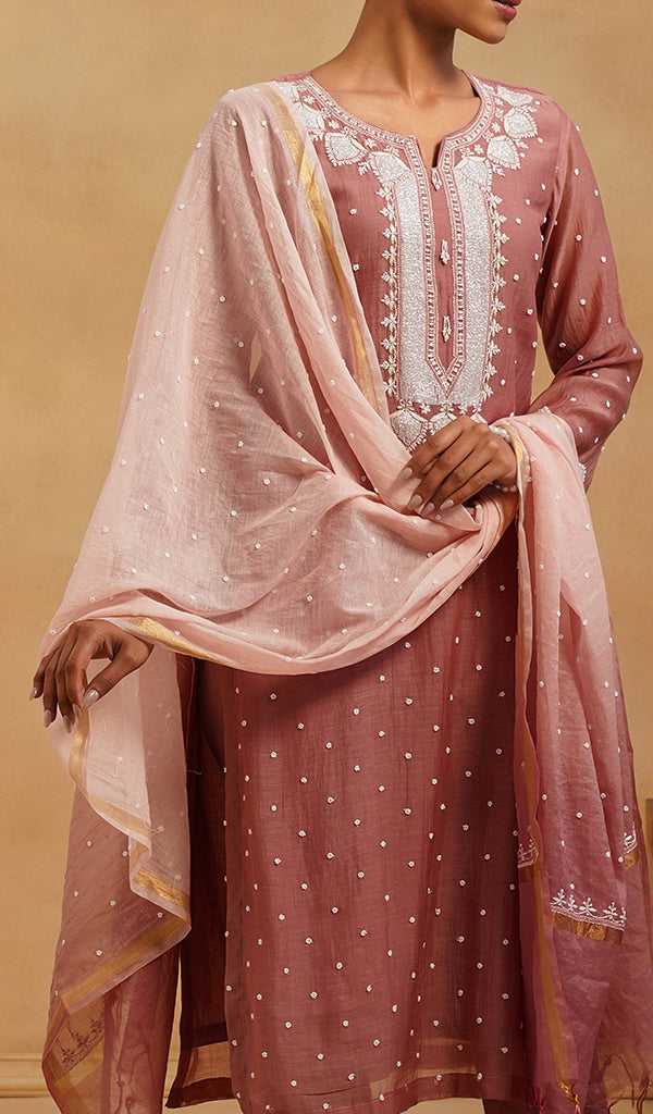 Jazba Women's Lakhnavi Handcrafted Mul Chanderi Chikankari Stitched Kurta, Dupatta And Pant Set - HONC0565945
