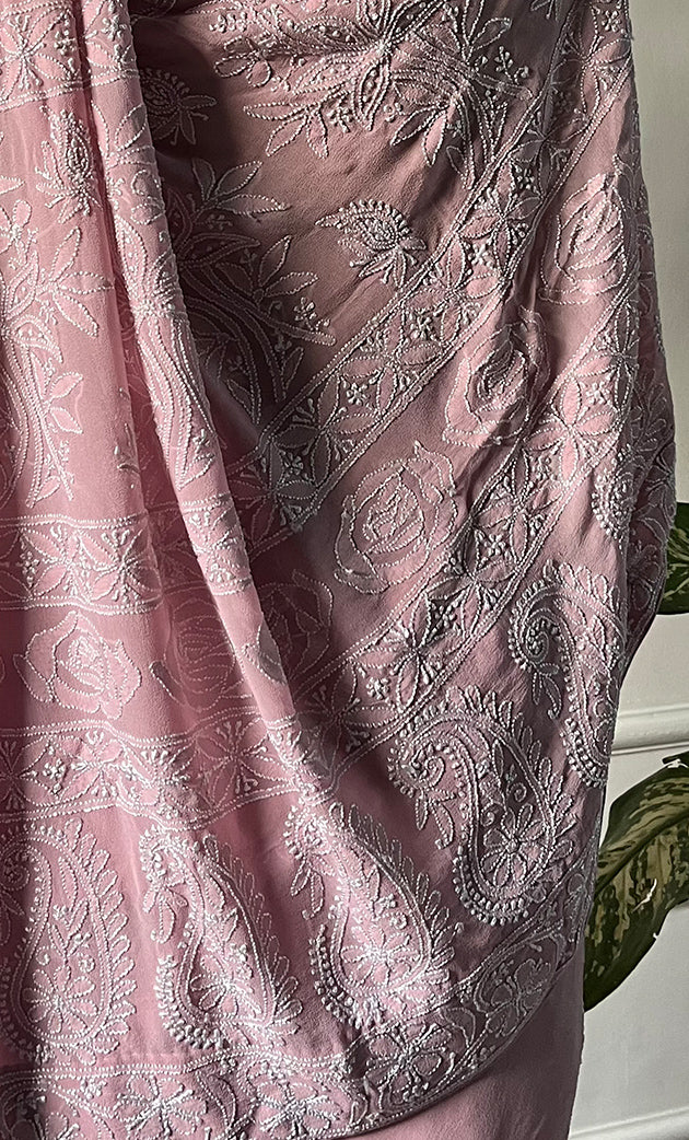 Women's Lakhnavi Handcrafted Pure Silk Georgette Chikankari Saree - HONC0330945