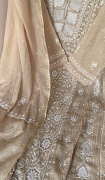 Beige Pure Mul Chanderi Chikankari 3 Pc Semi-Stitched Anarkali Suit Set