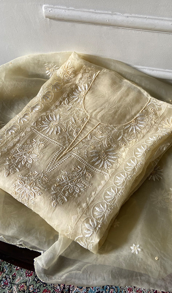 Women's Lakhnavi Handcrafted Pure Organza Chikankari Semi - stitched Kurta And Dupatta Set- HONC0310094