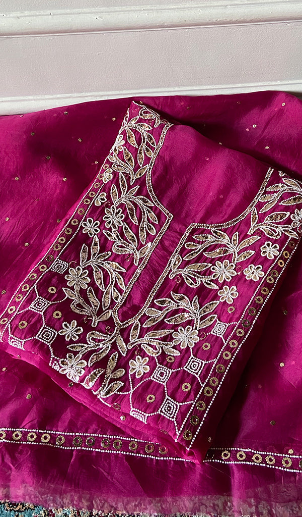 Women's Lakhnavi Handcrafted Pure Organza Chikankari Unstitched Kurta And Dupatta Set- HONC0327734