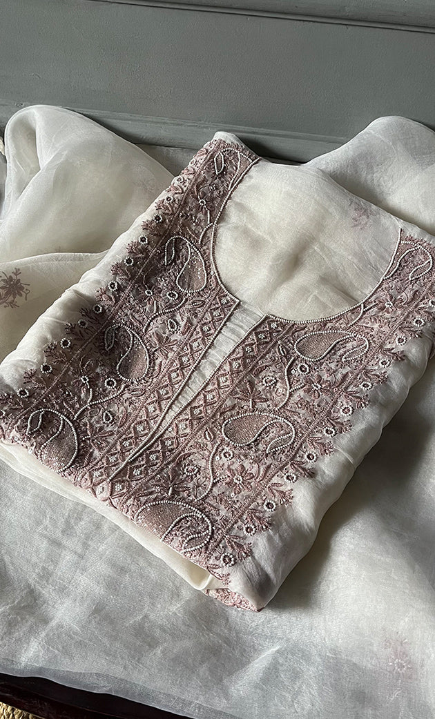 Women's Lakhnavi Handcrafted Pure Organza Chikankari Unstitched Kurta And Dupatta Set- HONC0305184