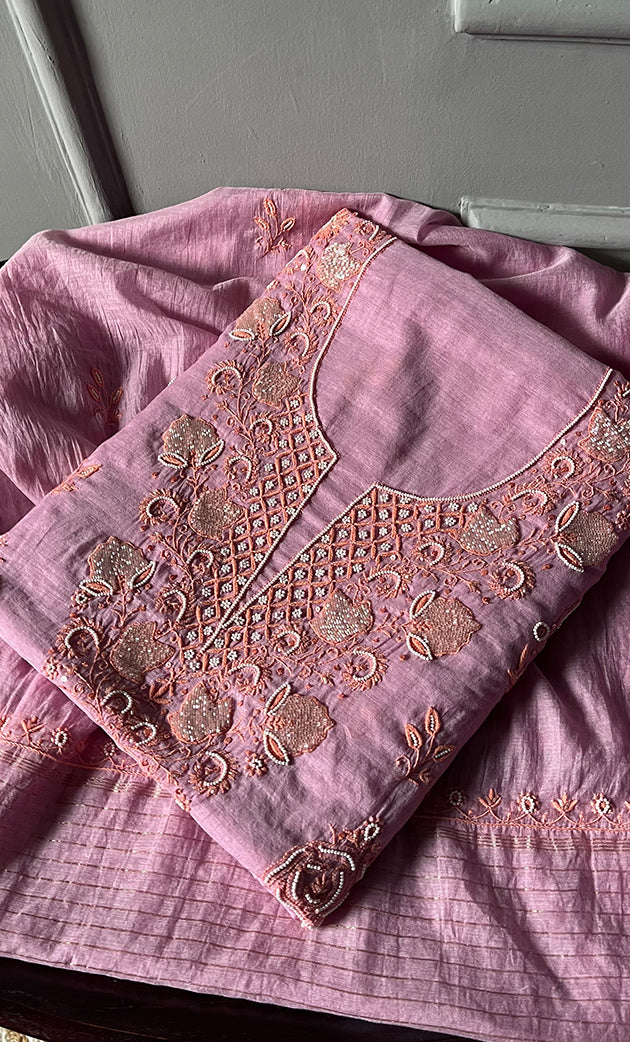 Women's Lakhnavi Handcrafted Mul Chanderi UnStitched Kurta And Dupatta Set - HONC0299220