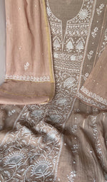 Beige Pure Mul Chanderi Chikankari 3 Pc Semi-Stitched Anarkali Suit Set