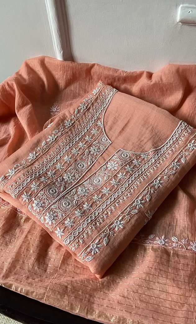 Women's Lakhnavi Handcrafted Mul Chanderi Unstitched Kurta And Dupatta Set - HONC0307211