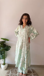 Load image into Gallery viewer, Women's Lucknowi Handcrafted Mul Chanderi Stitched Chikankari Kurta And Plazzo Set- HONC0378796