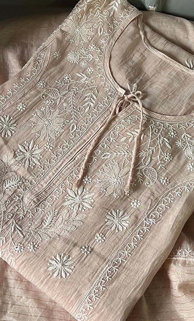 Women's Lakhnavi Handcrafted Mul Chanderi Semi - Stitched Anarkali And Dupatta Set - HONC0304465
