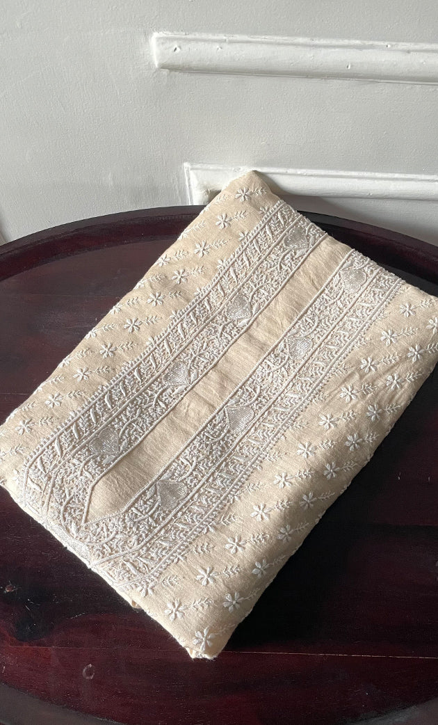 Lucknowi Handcrafted Munga Silk Chikankari Unstitched Unisex Kurta Fabric - HONC0320842