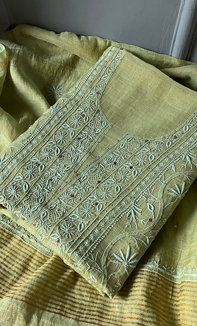 Women's Lakhnavi Handcrafted Mul Chanderi Unstitched Kurta And Dupatta Set- HONC0281009