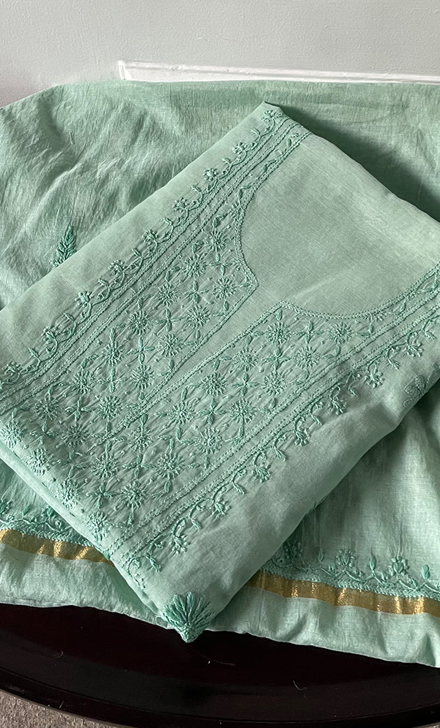Women's Lakhnavi Handcrafted Mul Chanderi Unstitched Chikankari Full Suit Material - HONC0307425