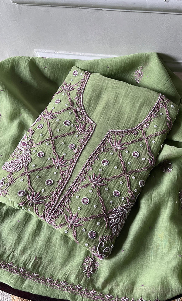 Shirin Women's Lakhnavi Handcrafted Mul Chanderi Unstitched Kurta And Dupatta Set - HONC0302267