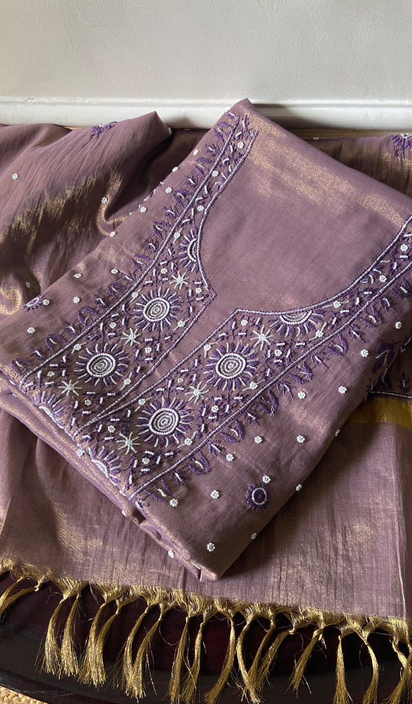 Women's Lakhnavi Handcrafted Tissue Chanderi Unstitched Kurta And Dupatta Set - HONC0270487