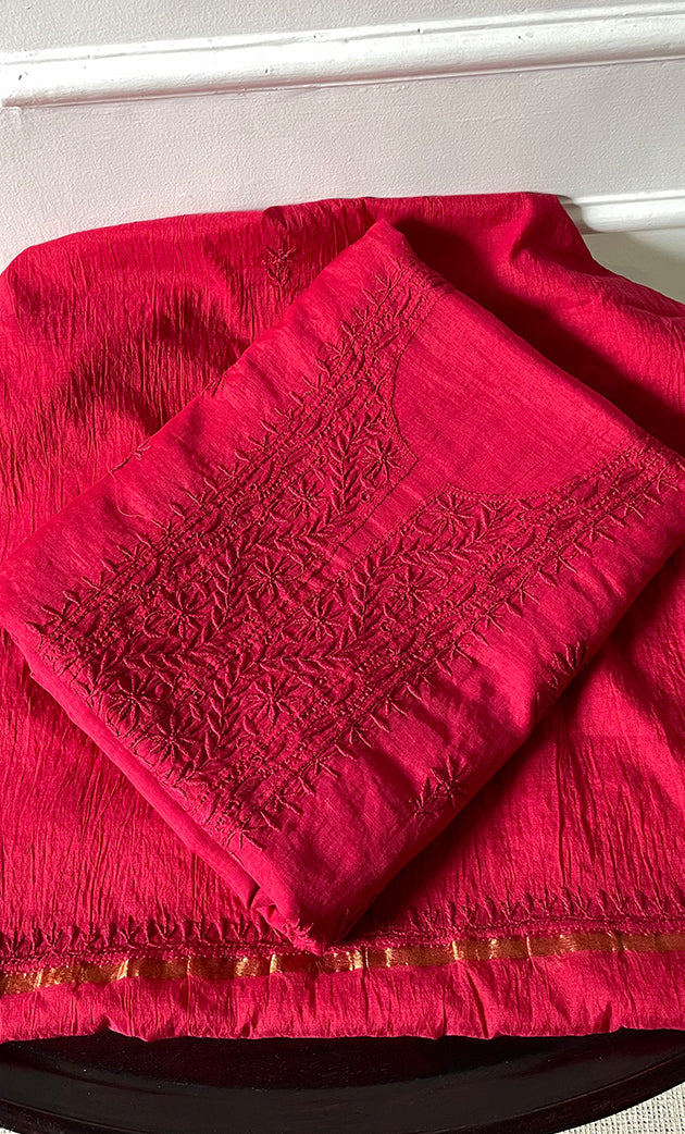 Women's Lakhnavi Handcrafted Mul Chanderi Unstitched Chikankari Full Suit Material - HONC0319530