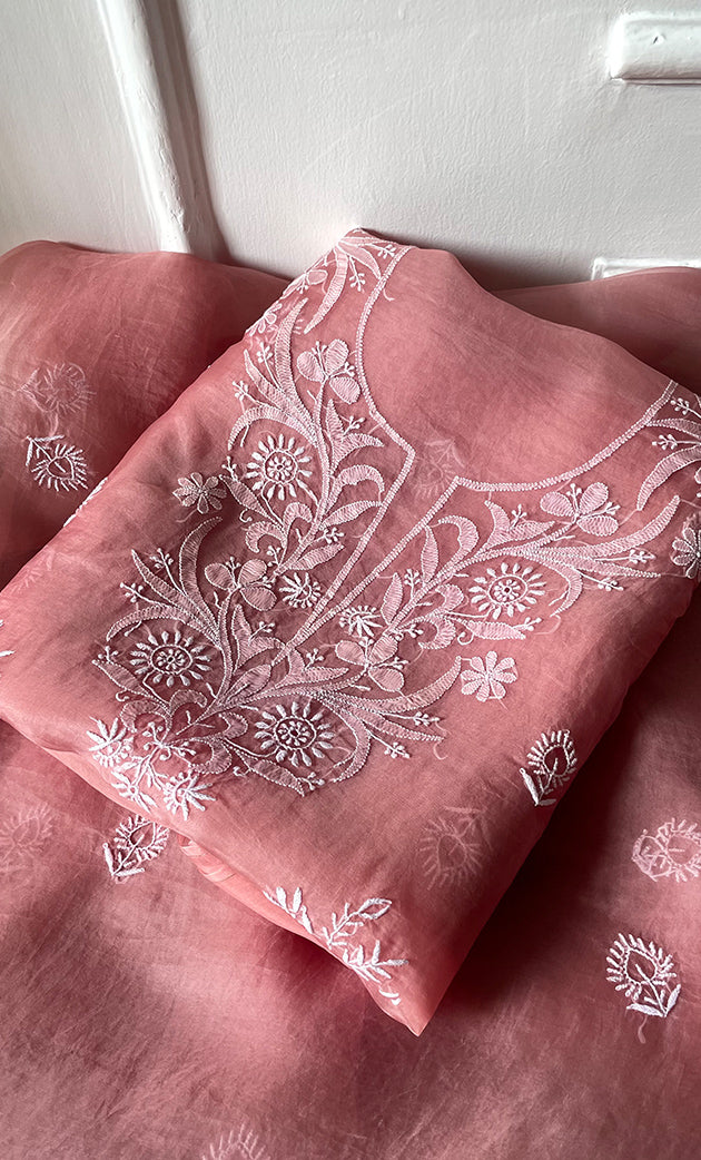 Women's Lakhnavi Handcrafted Pure Organza Chikankari Unstitched Kurta And Dupatta Set- HONC031470