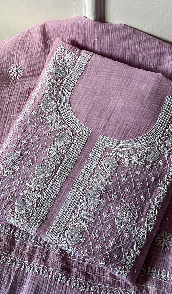 Women's Lakhnavi Handcrafted Maheshwari Mul Chanderi Unstitched Kurta And Dupatta Set - HONC0282252