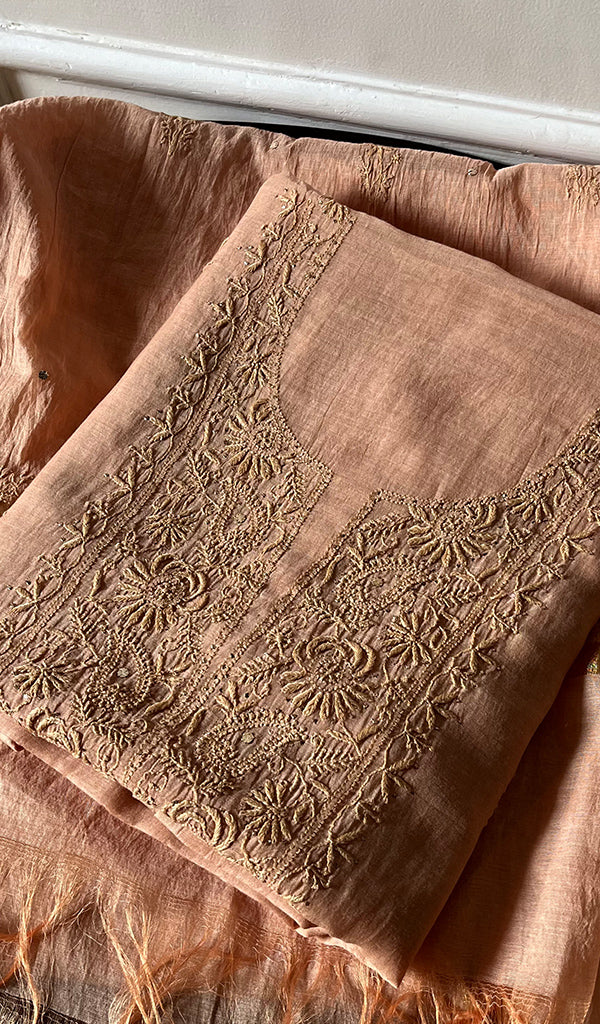 Women's Lakhnavi Handcrafted Mul Chanderi Chikankari Full Suit Material - HONC0282294