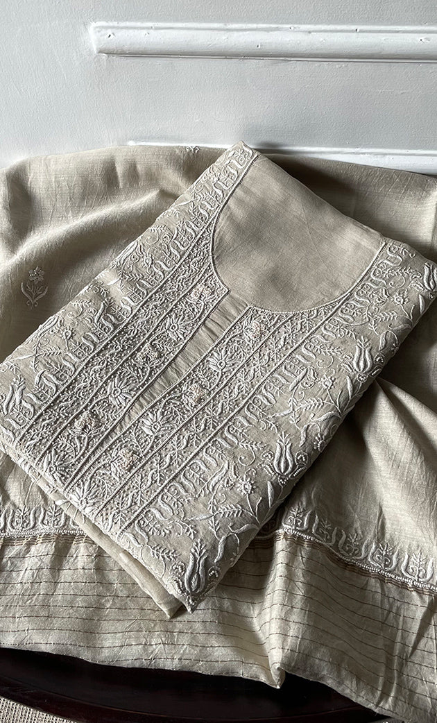 Women's Lakhnavi Handcrafted Munga Silk Chikankari Kurta And Dupatta Set- HONC0256730