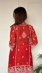 Women's Lucknowi Handcrafted Mul Chanderi Stitched Chikankari Short Kurta And Plazzo Set .