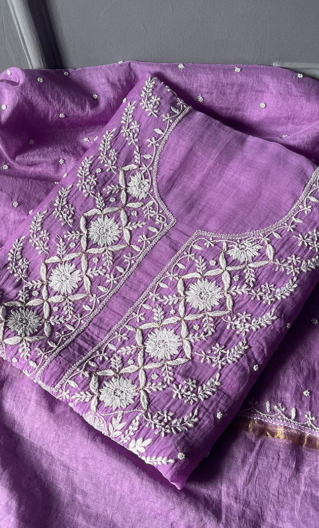 Jazba Women's Lakhnavi Handcrafted Mul Chanderi UnStitched Kurta And Dupatta Set - HONC0301706