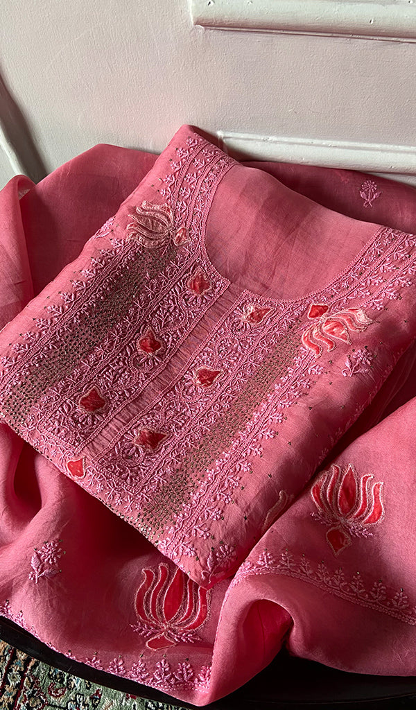 Women's Lakhnavi Handcrafted Pure Organza Chikankari Unstitched Kurta And Dupatta Set- HONC0351780