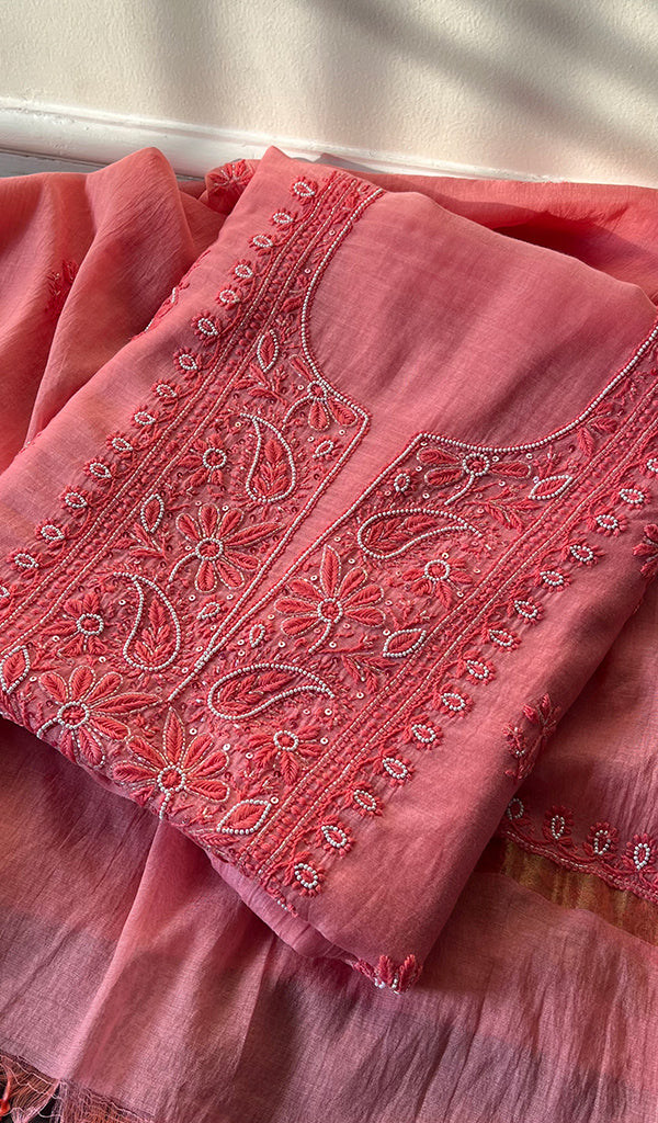 Women's Lakhnavi Handcrafted Mul Chanderi Chikankari Full Suit Material - HONC0260957