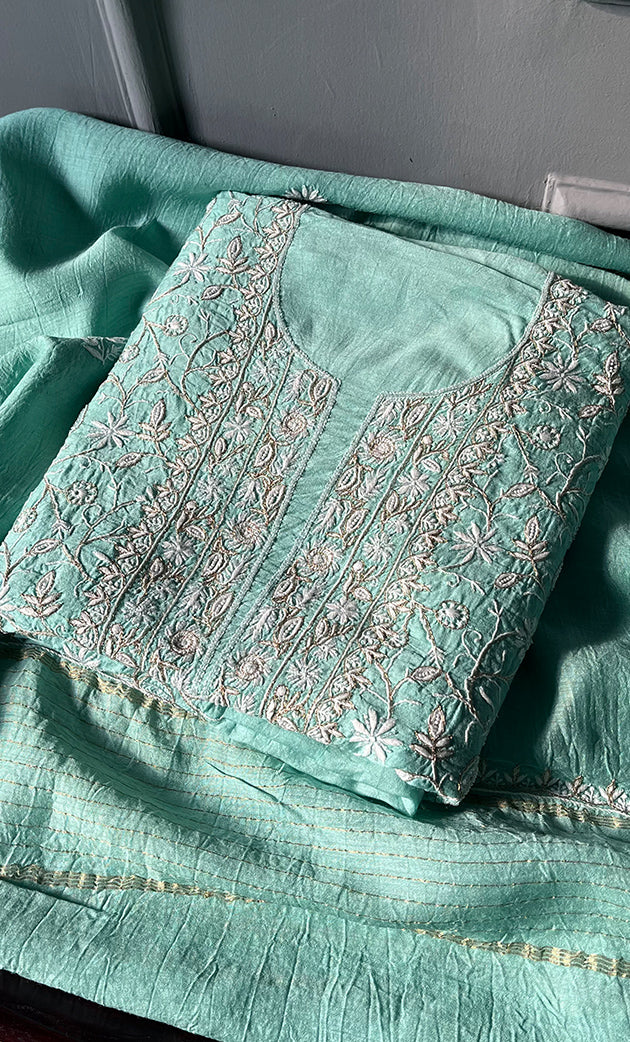 Women's Lakhnavi Handcrafted Munga Silk Chikankari Kurta And Dupatta Set- HONC0282384
