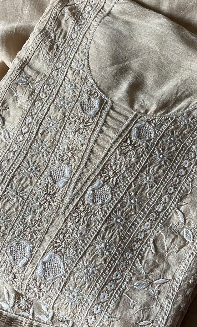 Women's Lakhnavi Handcrafted Munga Silk Semi - Stitched Chikankari Anarkali And Dupatta Set- HONC0262518