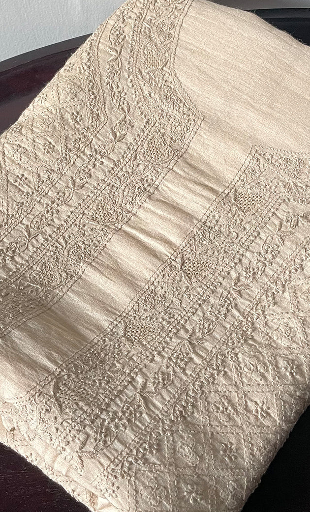 Lucknowi Handcrafted Munga Silk Chikankari Unstitched Men's Kurta Fabric - HONC0302372